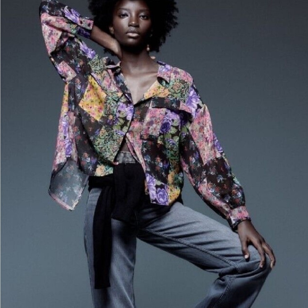 Zara Floral Patch Button Down Blouse - image 1